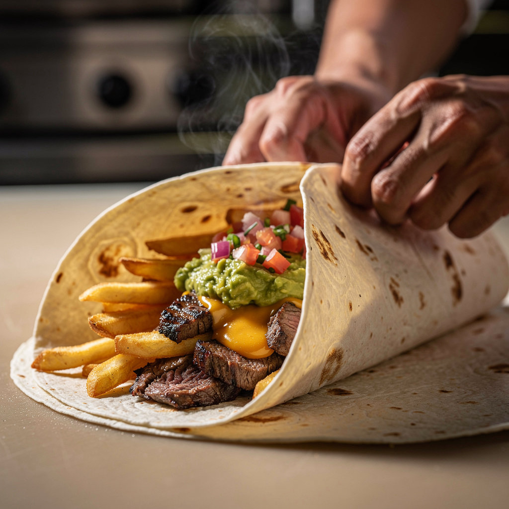 La Perla Cocina Mexicana #3 award-winning Oaxaca California and King Kong burritos with crispy fries and melted cheese